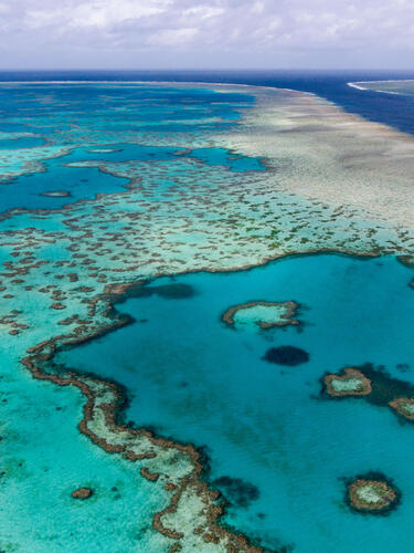 Aerial view of Hardy Reef, home to the Heart Reef, in the Great Barrier Reef, Australia.