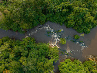 Aerial view. GABON A river in a tropical rainforest.