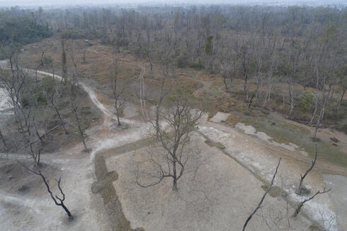 Aerial photo of an artificial mound in Nepal's Chitwan National Park that acts a refuge for rhinos and other wildlife during extreme flooding events