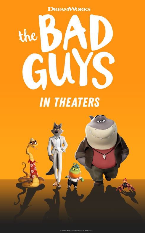 Characters of the movie The Bad Guys pictured standing below the logo on an orange background