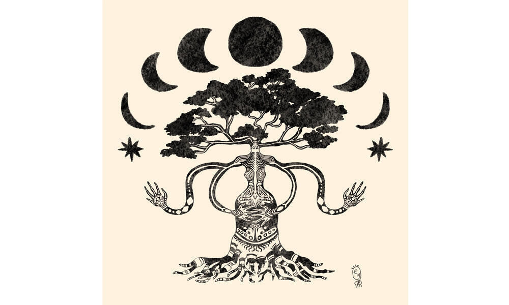 Illustration of a tree with a humanoid figure on a cream colored background. A moon phase is on top of the tree.
