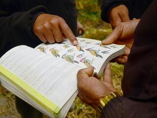A close up view of someone holding open a bird identification book and someone else pointing to an image of a bird
