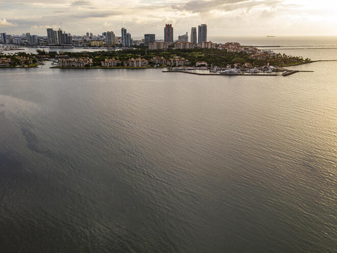Photo looking across Biscayne Bay towards Miami Beach from Virginia Key at sunset