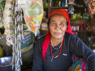 Bishnu Budhathoki in her local shop in the Khata Corridor, Nepal