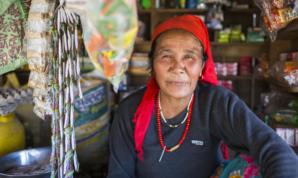 Bishnu Budhathoki in her local shop in the Khata Corridor, Nepal