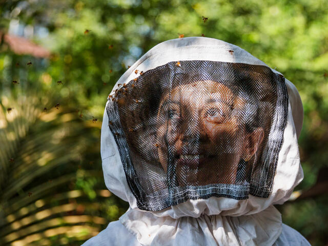 A person in a beekeeper mask with many bees flying