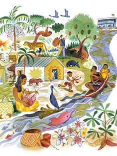 A watercolor collage of the animals, people, and environment of Brazil