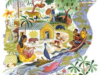 A watercolor collage of the animals, people, and environment of Brazil