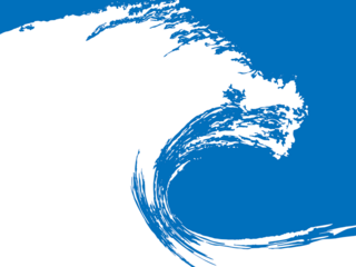 Textured brush illustration of a white wave on a blue background. 