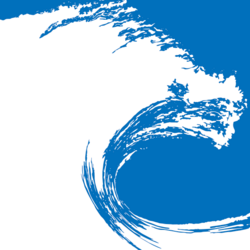 Textured brush illustration of a white wave on a blue background. 