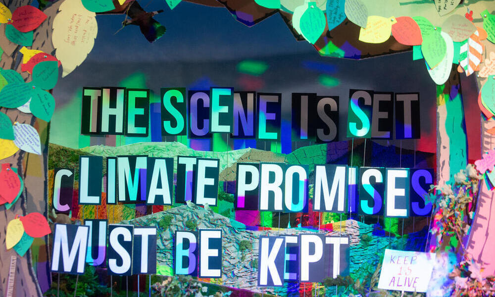 A collage saying the scene is set, climate promises must be kept, keep 1.5 alive