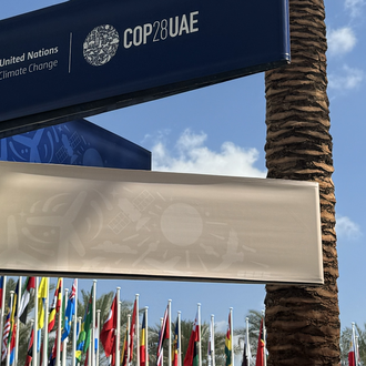 The entrance to the COP28 conference space sporting global flags on a sunny day