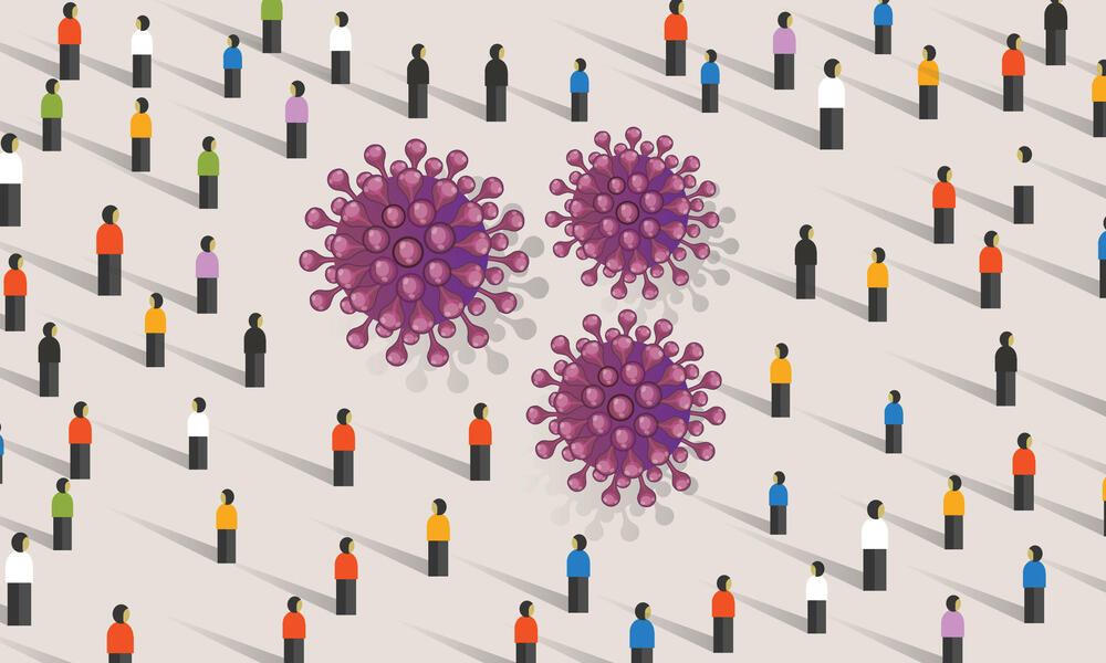 Illustration of people standing and a virus