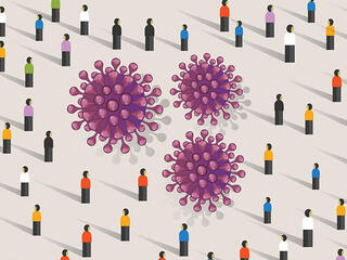 Illustration of people standing and a virus