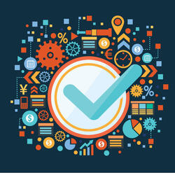 An montage of gears, charts, and arrows in blue and orange with a large circle and checkmark in the center.