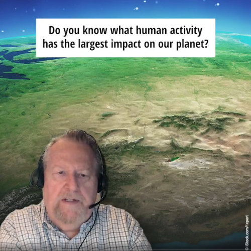 Thumbnail shot of promotional video about Codex Planetariius with Jason Clay. Behind him on a green screen of the world reads 'do you know what human activity has the largest impact on our planet?'