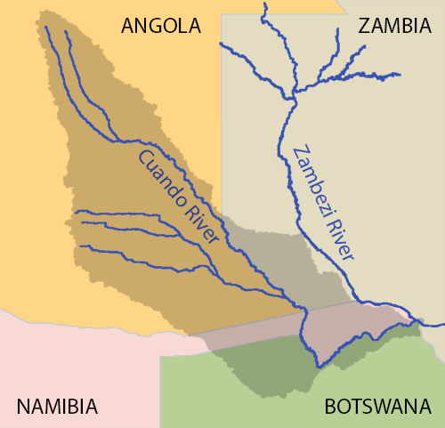 Map of 4 countries showing Cuando River Basin