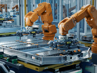 Orange robot arms assembling equipment