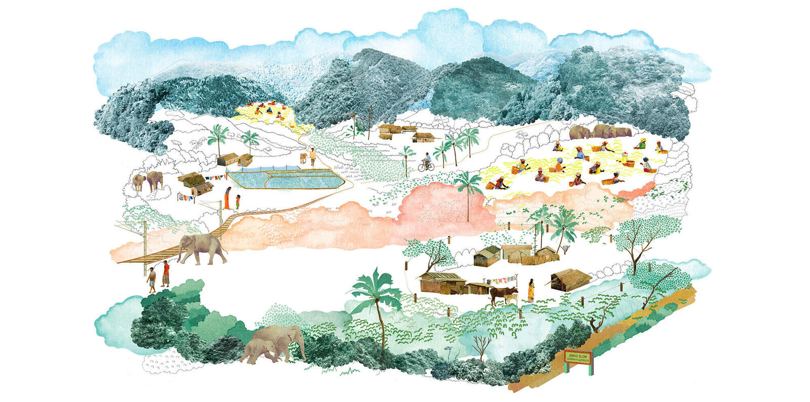 Illustration of elephants and village