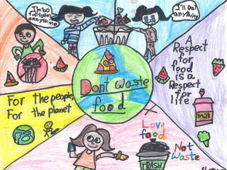 A colorful hand-drawn poster saying Don't Waste Food