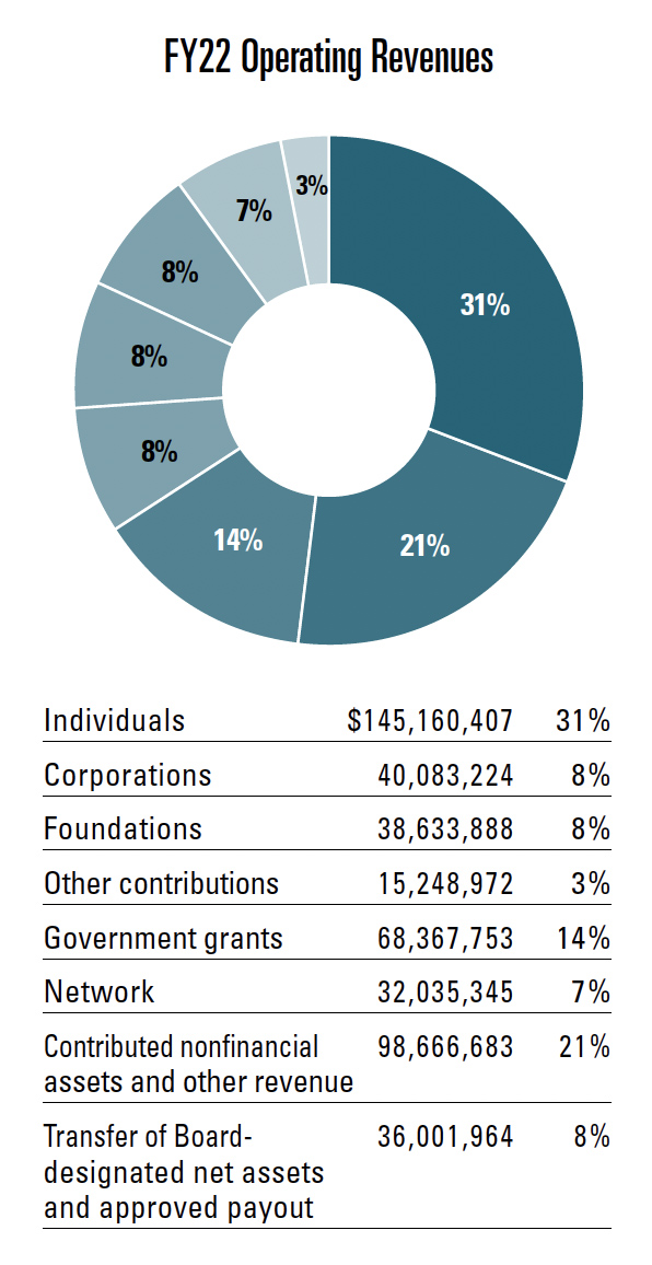 Pie chart of WWF-US 2022 Operating Revenues from foundations, individuals, in-kind and other, government grants, network, other non-operating contributions and corporations.