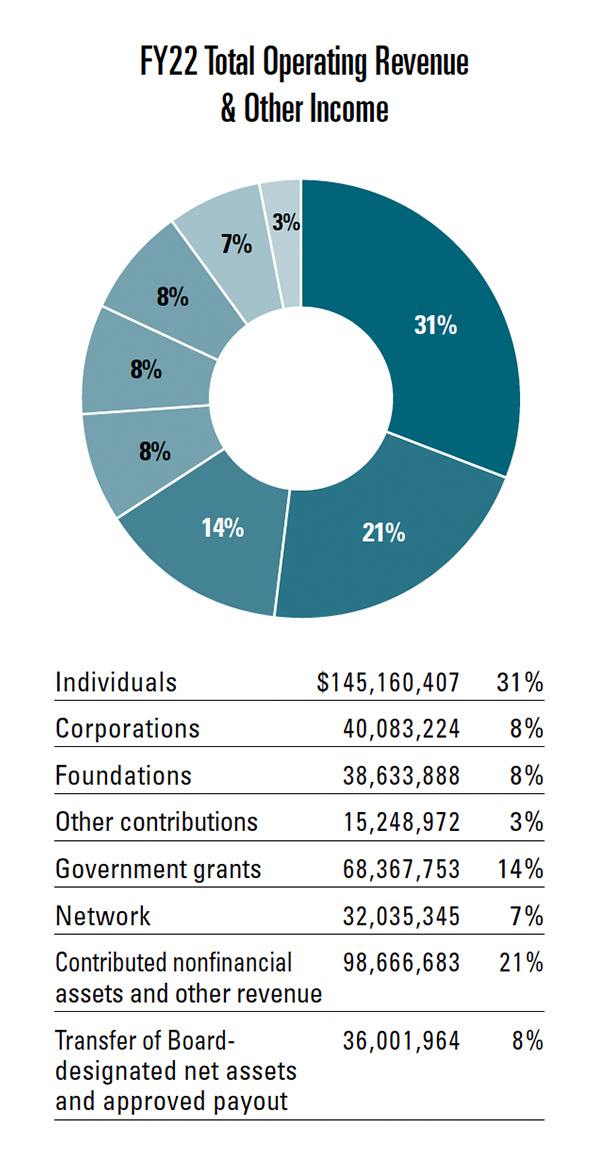 Pie chart of WWF-US 2022 Operating Revenues from foundations, individuals, in-kind and other, government grants, network, other non-operating contributions and corporations.