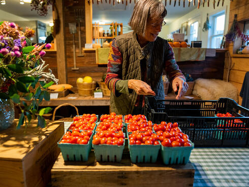 Woman stands in front of row of grape tomatoes at market