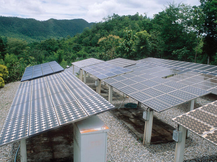 Solar panels in mountain landscape