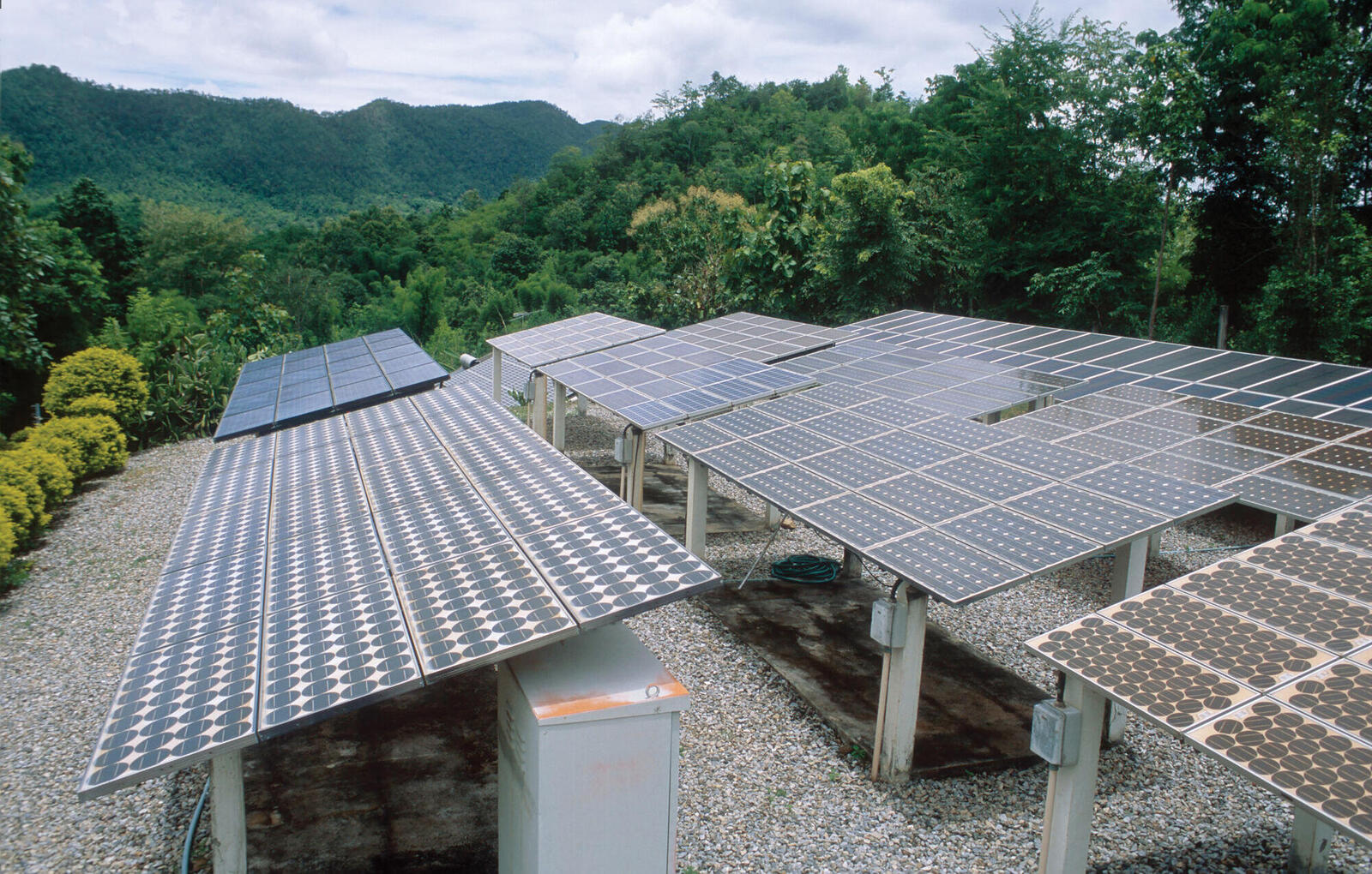 Solar panels in mountain landscape