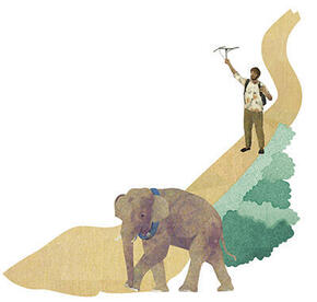 Illustration of elephant with collar and man with antenna