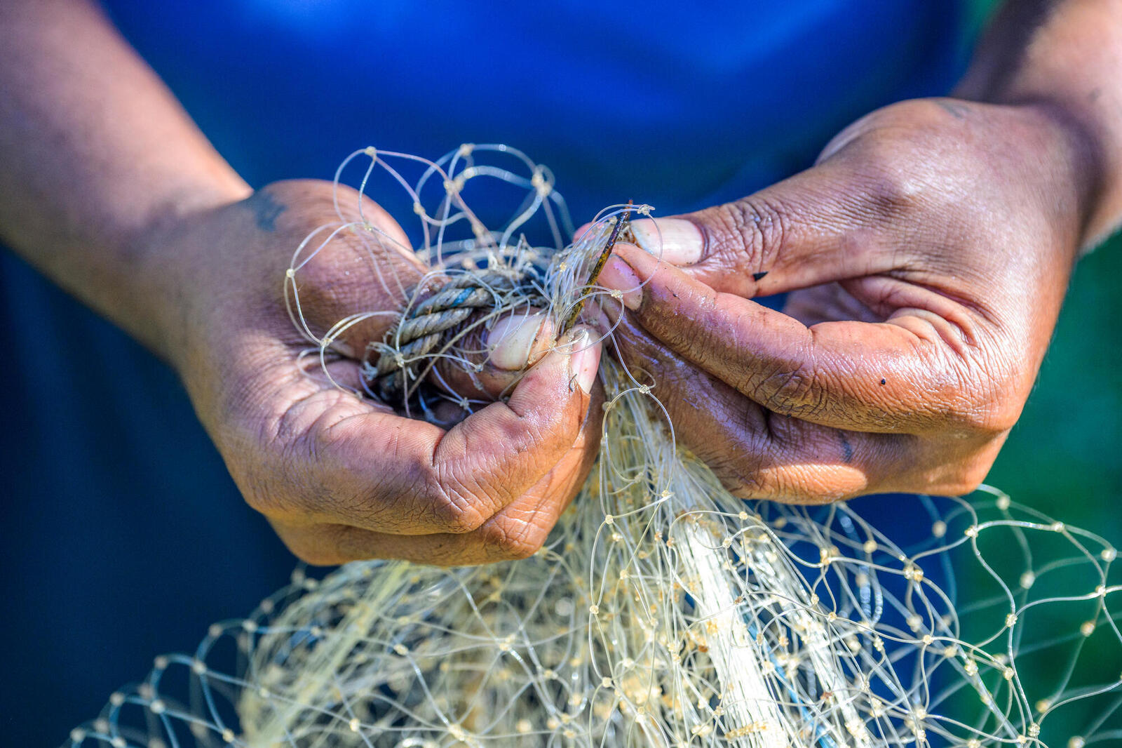 Hands holding a fishing net