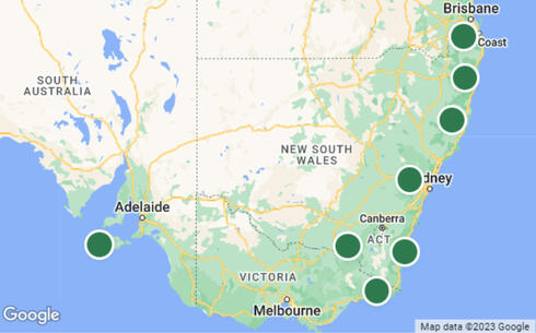 Map showing Australia fire locations