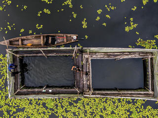 Aerial photo of fish farming cages