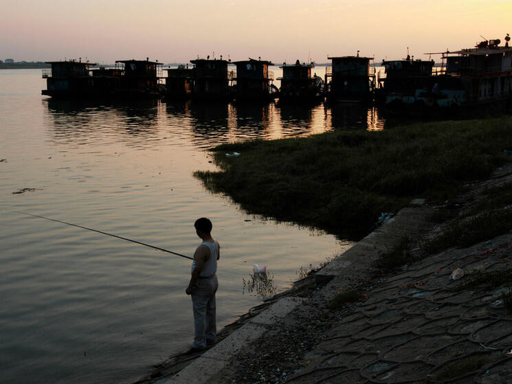 a lone fisher stands on the banks of a river