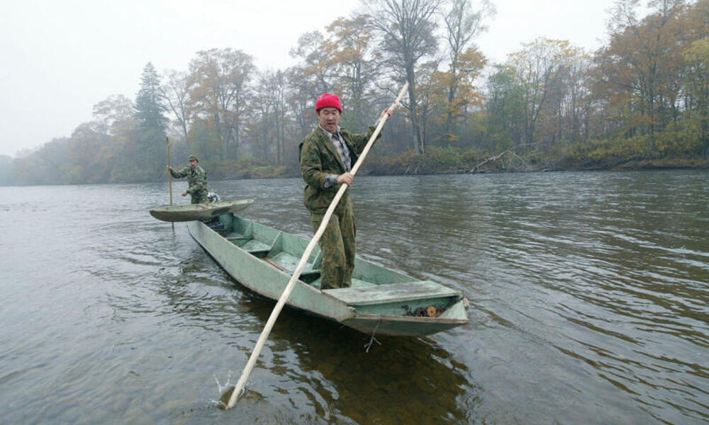 Employees of the forest unit in Krasniy Yar village, on a raid on Bikin river, searching the sites of illegal logging