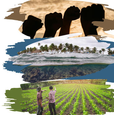 Collage of fists raised, a tropical shoreline, and an 2 men in a cultivated field