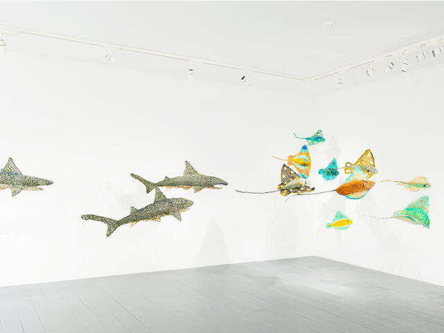 Sculptures floating in gallery