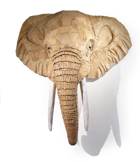Cardboard and paper sculpture of elephant head