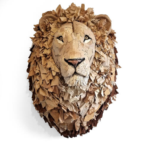 Cardboard and paper sculpture of lion head