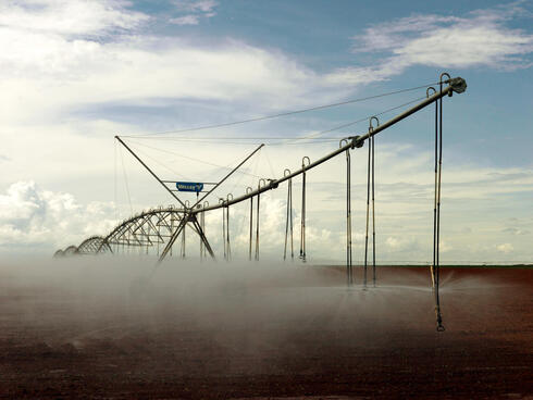 Large water sprinklers tower above a field of soy.