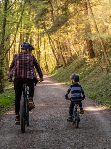 Father and son ride bikes on path through the woods