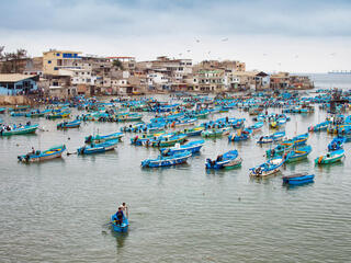 Dozens of boats lined up in Santa Rosa Harbor, Salinas, Gulf of Guayaquil, Ecuador