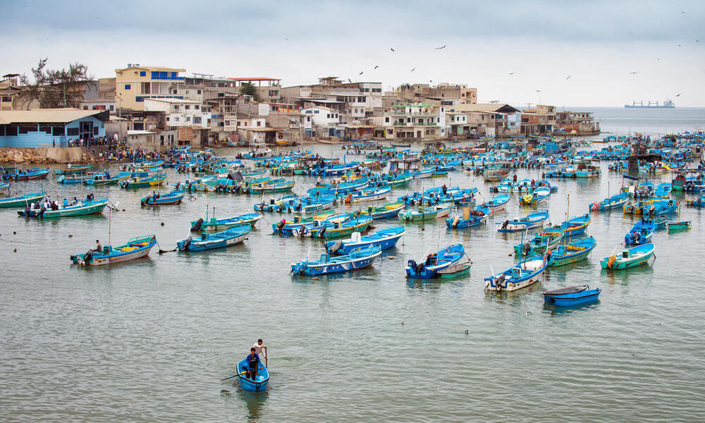 Dozens of boats lined up in Santa Rosa Harbor, Salinas, Gulf of Guayaquil, Ecuador