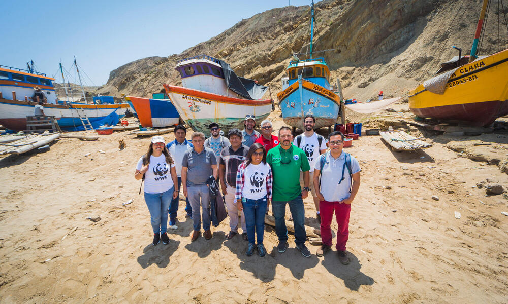 A group of people in WWF t-shirts gathered in front of fishing boats
