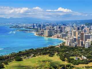 The beach and city skyline of Honolulu, Hawaii. 