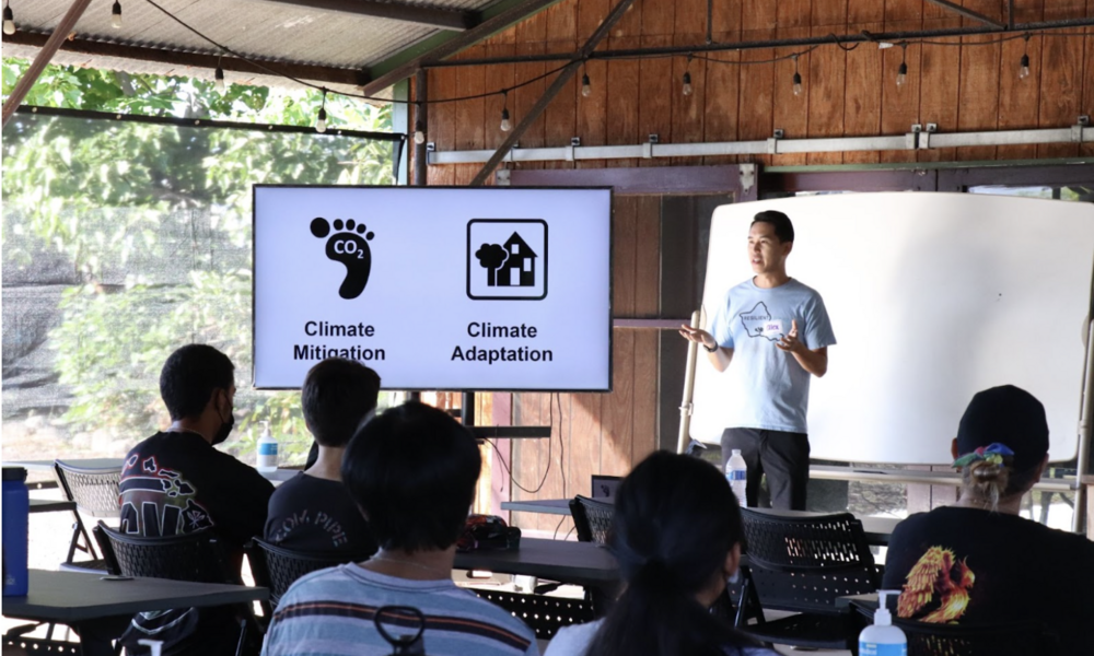 Alex Yee presents at a community workshop at MA'O farms on March 5, 2022.