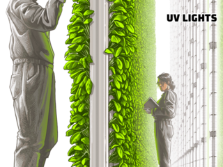 Illustration of farmers examining plants on vertical hydroponics frame