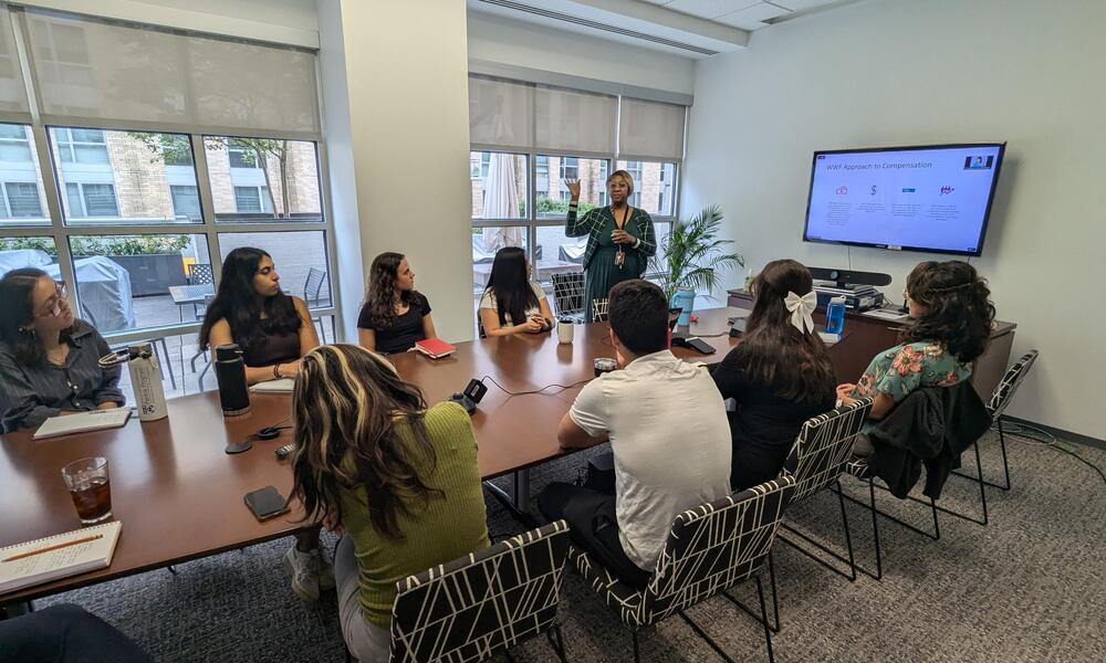 2024 BRIDGE interns gather in a conference room and listen to a presentation on WWF's approach to compensation.