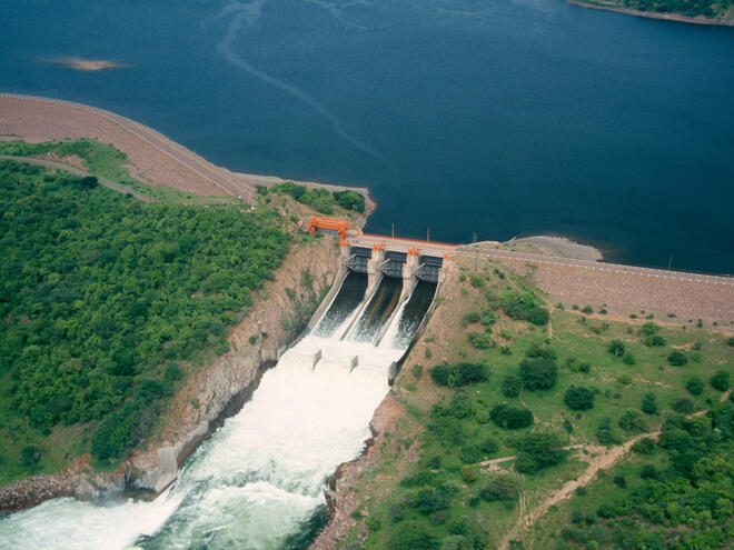 Water flowing out of a dam in Zambia.