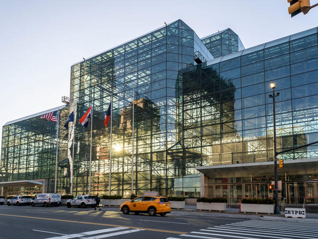 Sunlight shines through the glass walls of the Javits Center in New York